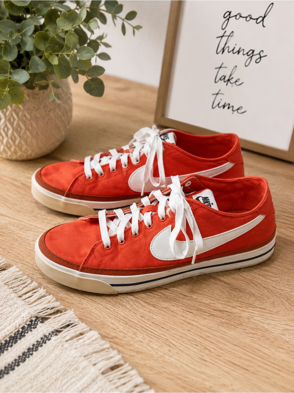 Nike Red and White Low-Top Canvas Sneakers